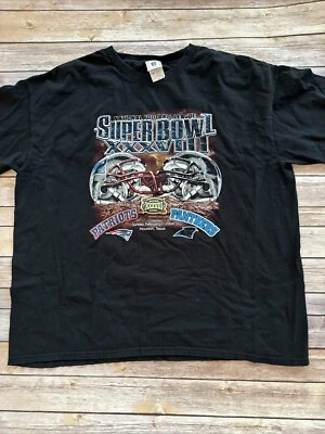 Camiseta negra Super Bowl XXXVIII 38 NFL Patriots vs Panthers 2004 talla grande 2XL Foto 1 de 4