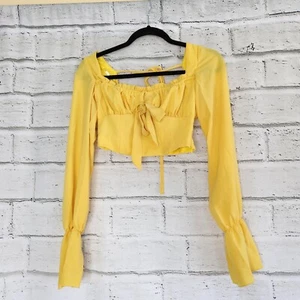 Tiger Mist Ruffle Top Tie Back Long Sleeve Cropped Top Womens XS Yellow - Picture 1 of 11