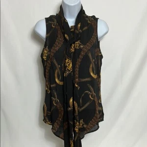 Ralph Lauren Women’s Size 8 Black Gold Equestrian Sleeveless Tie Silk Blouse - Picture 1 of 12
