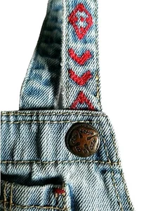 VTG OshKosh B'gosh Vestbak 4T Blue Denim Overalls Shorts Red Embroidered Straps - Picture 1 of 12