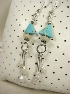 Vintage Sterling Silver Native American Blue Turquoise Pearl Hook DangleEarrings - Picture 1 of 5