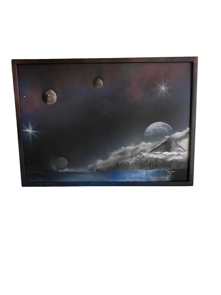 Pintura en aerosol contemporánea del espacio exterior de ciencia ficción sobre lunas galaxia estrellas Foto 1 de 2