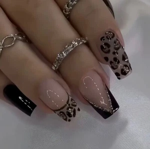 24 Medium Square Nude Black Leopard Print French Press On False Nails Brand New - Picture 1 of 5