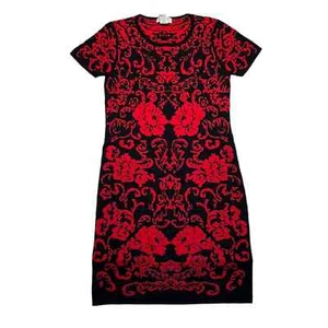 Carmen Marc Valvo Black Red Floral short sleeve knit sweater dress size Small - Picture 1 of 7