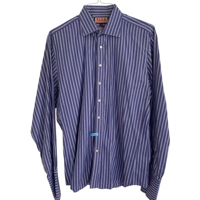 Thomas Pink Blue Striped Poplin Mens Button Down Shirt Slim Fit French Cuff 17.5 - Image 1 of 4