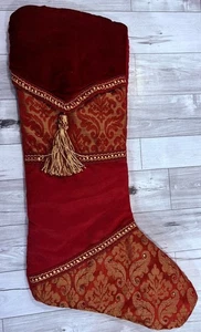 Medias de Navidad 20" Borgoña Terciopelo y Brocado Dorado con Borlas y Joyas - Imagen 1 de 6