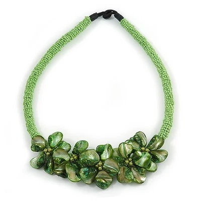 Stunning Lime Green Glass Bead with Forest Green Shell Floral Motif Necklace - - Image 1 of 4