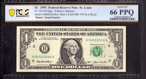 1993 $1 FEDERAL RESERVE NOTE ST. LOUIS RADAR SERIAL NUMBER PCGS B GEM 66 PPQ - Picture 1 of 2