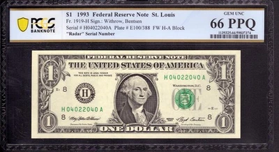 1993 $1 FEDERAL RESERVE NOTE ST. LOUIS RADAR SERIAL NUMBER PCGS B GEM 66 PPQ - Image 1 of 2