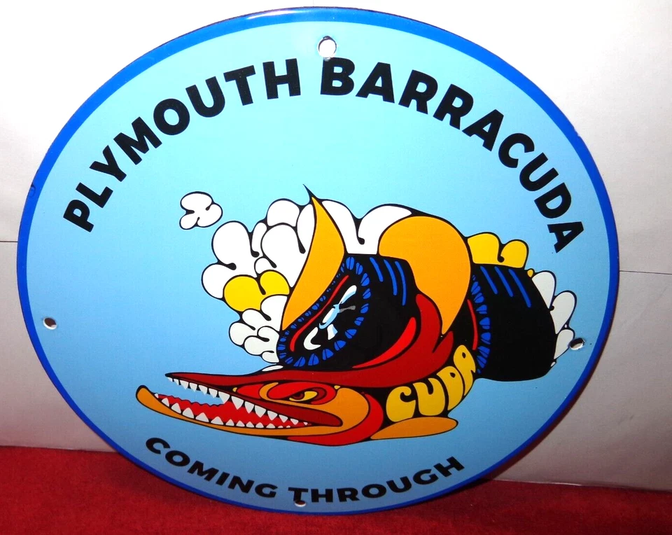 ВИНТАЖНЫЙ ЗНАК DODGE PLYMOUTH BARRACUDA 11 3/4 ДЮЙМА ФАРФОРОВЫЙ МЕТАЛЛИЧЕСКИЙ АВТОМОБИЛЬ РЫБА ГАЗ И МАСЛО - Изображение 1 из 4