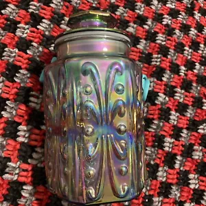 LE Smith Atterbury Scroll Iridescent Carnival Glass Canister Jar w/ Lid Vtg 9” - Picture 1 of 8