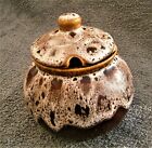 Q374) Brown larva glazed Ceramic round Lidded Jam sauce pot jar 