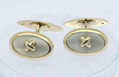 ♦♦ Manschettenknöpfe in 14 kt 14k 585 er Gelbgold Perlmutt Herrenschmuck Oval - Bild 1 von 4