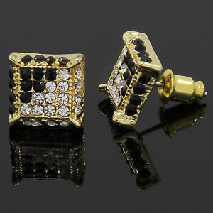Mens Gold Plated Black Cubic-Zirconia Cube Hip Hop Micro Pave Kite Stud Earrings