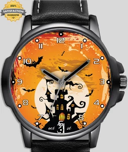 Halloween Spooky Castle Style Black Leather Strap Watch - Picture 1 of 1