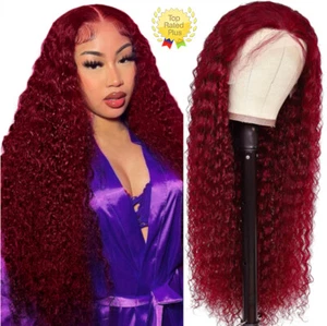 99J Burgundy Deep Wave Wig Human Hair Bleached Knots 13x4HD Curly Lace Front Wig - Picture 1 of 7