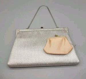 Vtg Harry Levine Clutch w/Coin Purse Evening Metal Frame Silver Fabric HL 60s - Picture 1 of 12