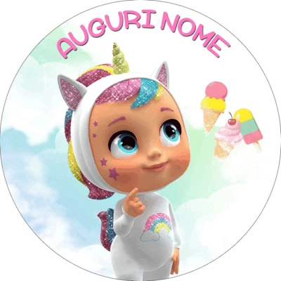 Cialda CRY BABIES UNICORNO con NOME Decorazione Torta Ostia Zucchero