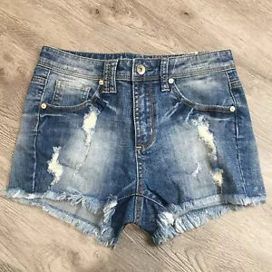 Neu ohne Etikett Special A Damengröße 3 Medium Wash Distressed Fransen/Fransensaum Denim Shorts - Bild 1 von 13