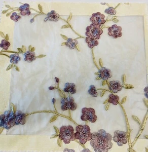 Vintage Designer Embroidered Silk Lilac purple Cherry Blossom Organza Fabric - Picture 1 of 6