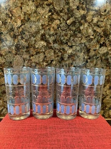 Set Of 4 Vintage Mid Century Culver Azure Blue Scroll Highball Glasses, 22k Gold - Picture 1 of 5