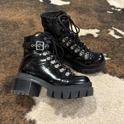 Jeffrey Campbell Czech Black  Patent, Platform Lug Zip/lace Up Buckle Boots Sz 6 - Image 1 of 4