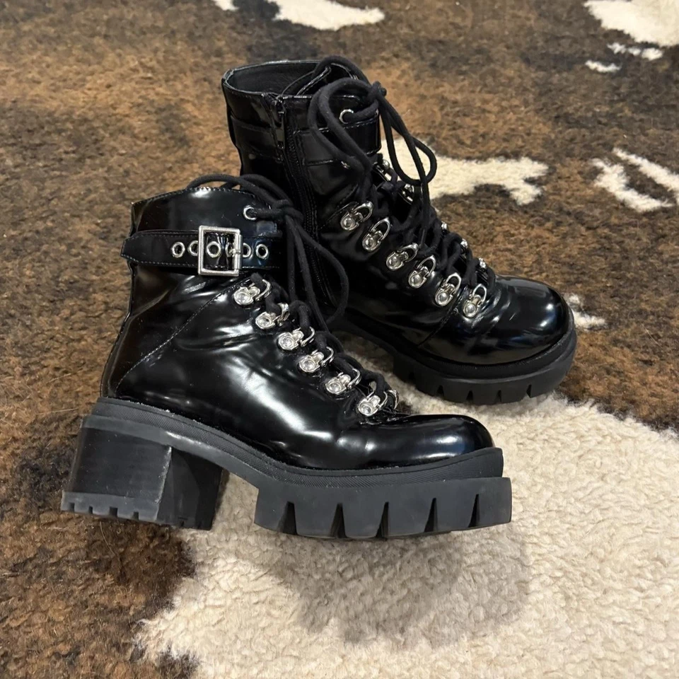 Jeffrey Campbell Czech Black  Patent, Platform Lug Zip/lace Up Buckle Boots Sz 6 - Image 1 of 4