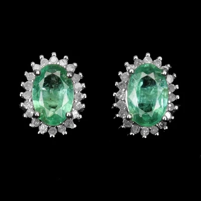 925 Sterling Silver Earrings Oval Emerald 6x4mm Diamond 40pcs Gemstone Jewelry - Image 1 of 4