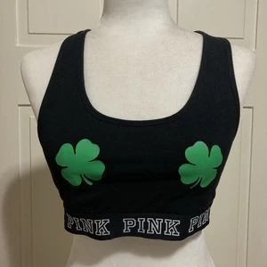 Victoria’s Secret PINK Size L Black St. Patrick Green Clover Leaf Sports Bra - Picture 1 of 5