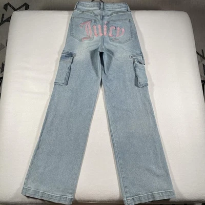 Pantalones de mezclilla Juicy Couture para mujer 24x32 lavado claro carga pierna ancha rosa jugoso espalda Y2K Foto 1 de 4