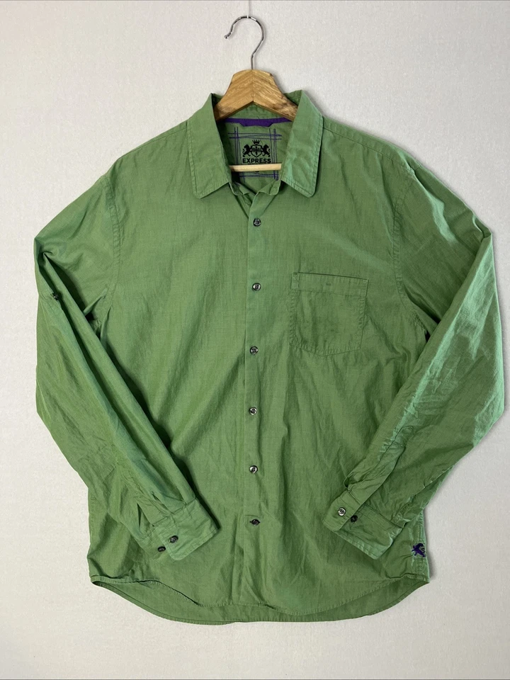 Camisa de vestir Express para hombre talla grande verde cambray manga larga con botones Foto 1 de 4
