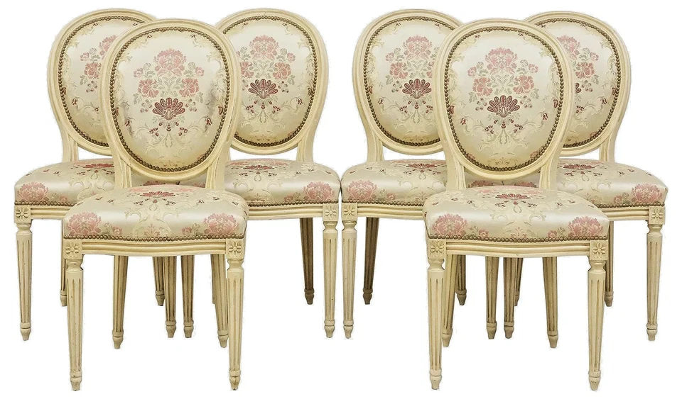Sillas, Comedor, Estilo Francés Luis XVI, Pintado, Brocado Uphol., Años 1900, Seis (6) Foto 1 de 4