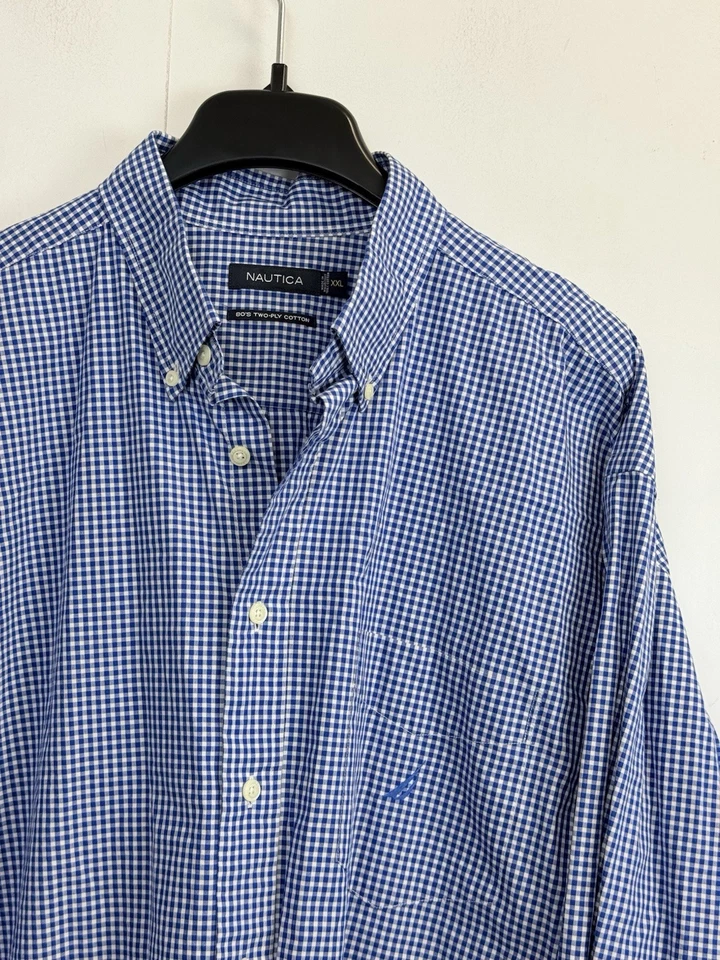 Camisa masculina Nautica XXL manga longa com botões azul xadrez Gingham duas camadas algodão - Imagem 1 de 4