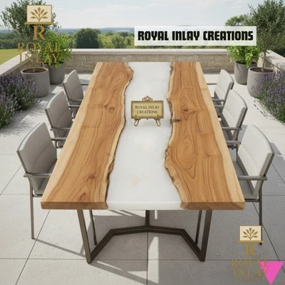 White Epoxy River Table Top - Live Edge Acacia Wood Dining Table 60 x 30 inches - Image 1 of 4