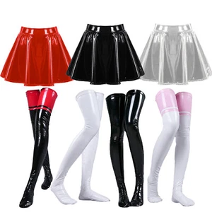 Women's Wetlook Leather Flared Miniskirts Thigh High Stockings Anti Skid Socks - Picture 1 of 77