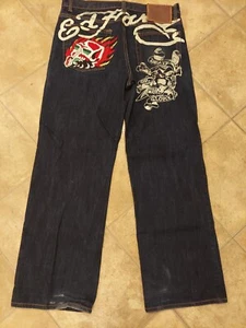 Y2K ED HARDY death or glory jeans BLUE DENIM SIZE 38X34 Embroidered ( Andigier) - Picture 1 of 13