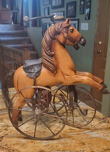 Velocipede Horse Hand Carved Wood Painted Cast Iron Tricycle Toy Folk Art 15.5" - Picture 1 of 10