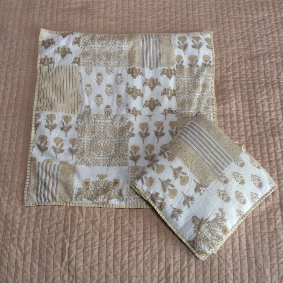 Par de 2 fundas Euro Pottery Barn acolchadas bloque amarillo floral y rayas casa de campo Foto 1 de 4