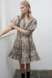 Alemais paula check metallic gold smock dress belt puff sleeve Size 10 - 12 - Picture 1 of 12