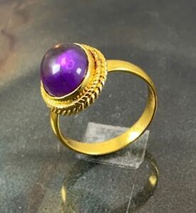 18K Yellow Gold Plated Handmade Natural 9x11mm Oval Amethyst Gemstone  Ring
