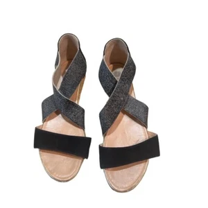 Eric Michael Black Open Toe Criss Cross Strap Mini Wedge Suede Sandals 38 - Picture 1 of 9