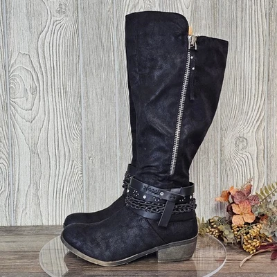 Botas de montar SO suecas negras altas de cuero sintético para mujer 7,5 correa de cadena tachuela cremallera Foto 1 de 4