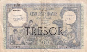(FR1) Billet ALGERIE TRESOR 500 Francs TTB 16-10-1943 n° K.182 475, lartdesgents - Picture 1 of 2