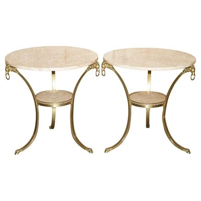 PAR DE MESAS SUPERIORES DE MÁRMORE ANTIGAS FRANCESAS LOUIS XVI CABEÇA DE CARNEIRO DE LATÃO GUERIDON - Imagem 1 de 4