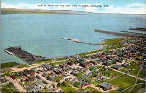 Veduta aerea della città e del porto Ashland Wis cartolina in lino - Foto 1 di 4