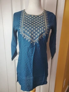 Sabhyata Indian  Blue Printed  Ethnic Top Size Small Kurti Tunic  - Picture 1 of 10