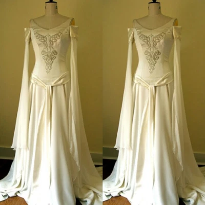 Vintage Satin Wedding Dresses With Belt Off The Shoulder Long Sleeve Bridal Gown - Image 1 of 4