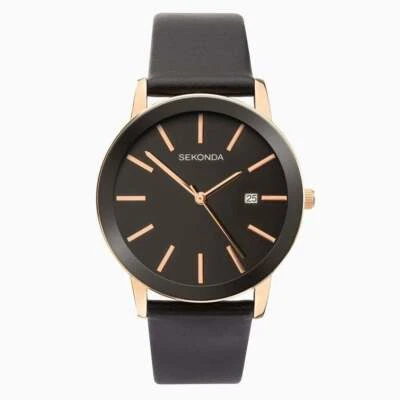 Nuovo da Uomo Sekonda Orologio Nero Quadrante Cinturino IN Pelle Data Finestra - Immagine 1 di 3