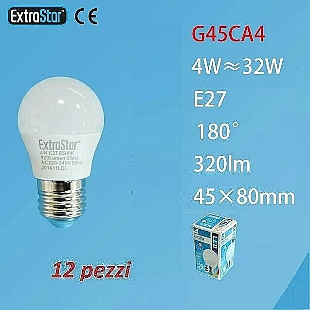 x 12 Pezzi Lampadine Lampade Extrastar G45CA4 Led E27 4W 320lm Luce Fredda Sus - Immagine 1 di 1