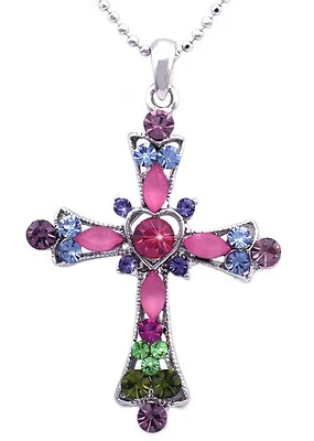 Collar Colgante Cruz Corazón Cristiano Católico Colorido Cristal Joyería n2004m Foto 1 de 4